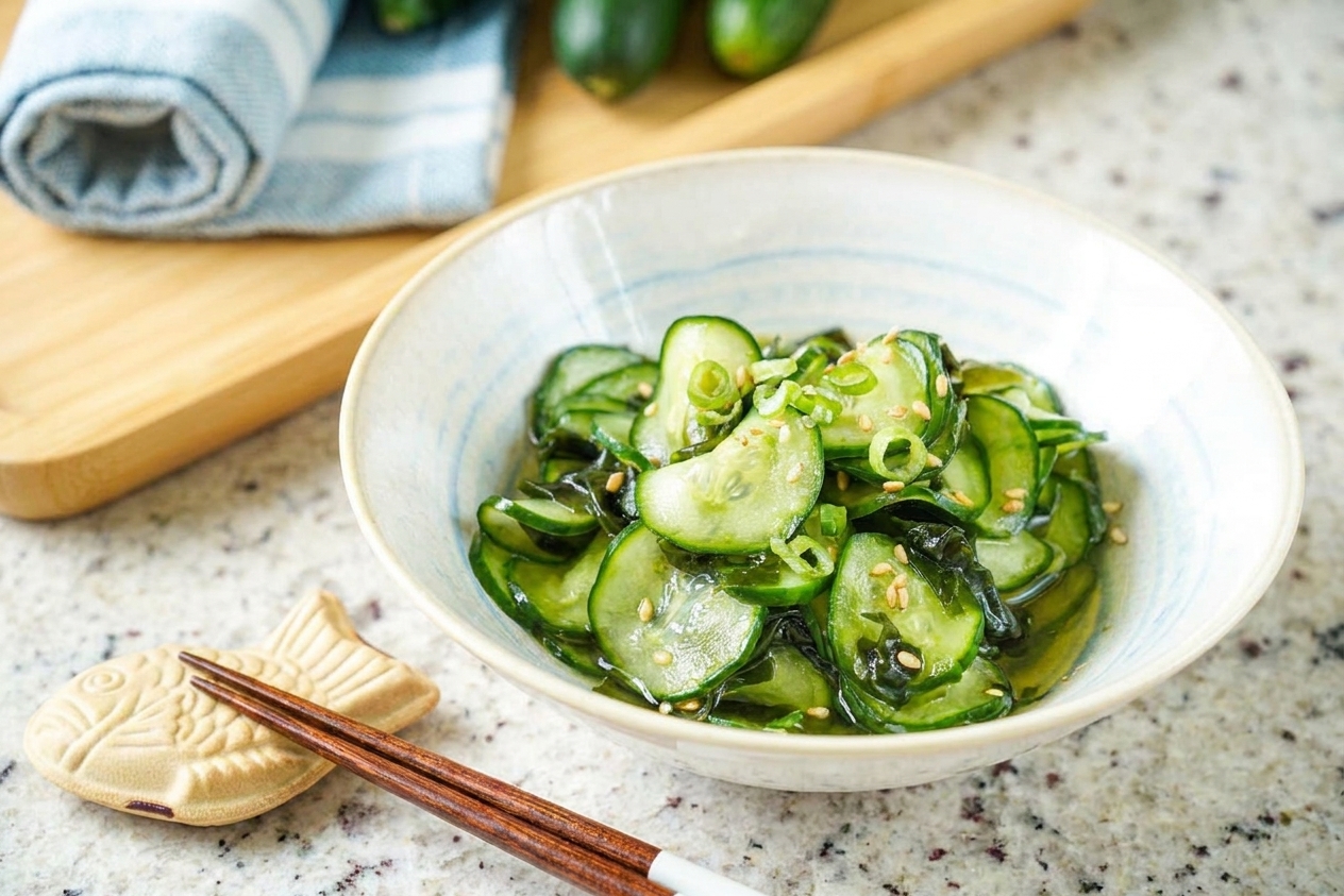 A small serving bowl of Japanese cucumber salad with sesame seeds and sliced scallions on a simple dinner table setting