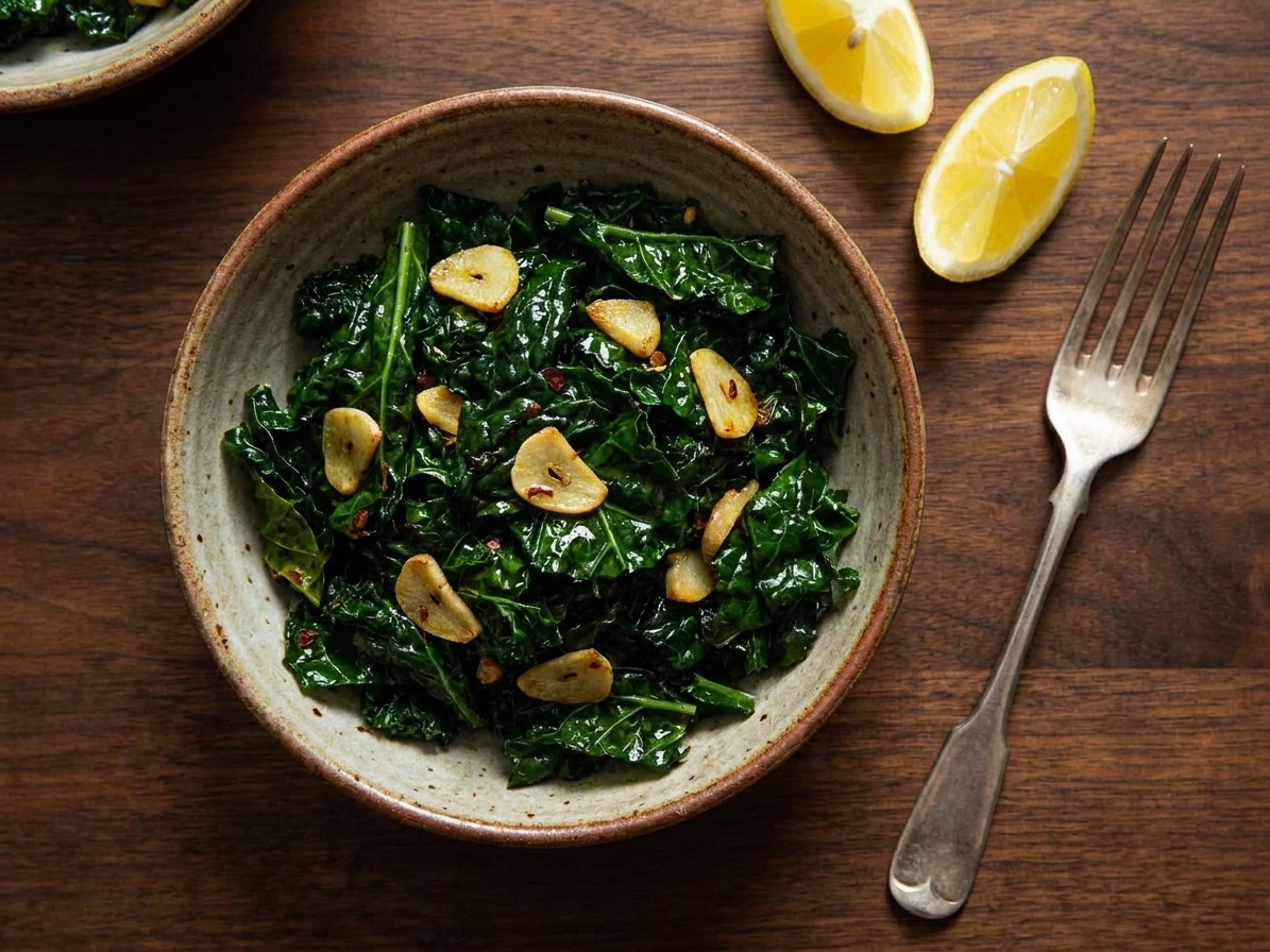 A small serving bowl of sauteed kale on a dinner table with lemon wedges and a fork beside it