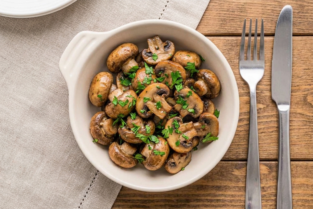 A small serving bowl of sauteed mushrooms topped with chopped parsley on a simple dinner table setting