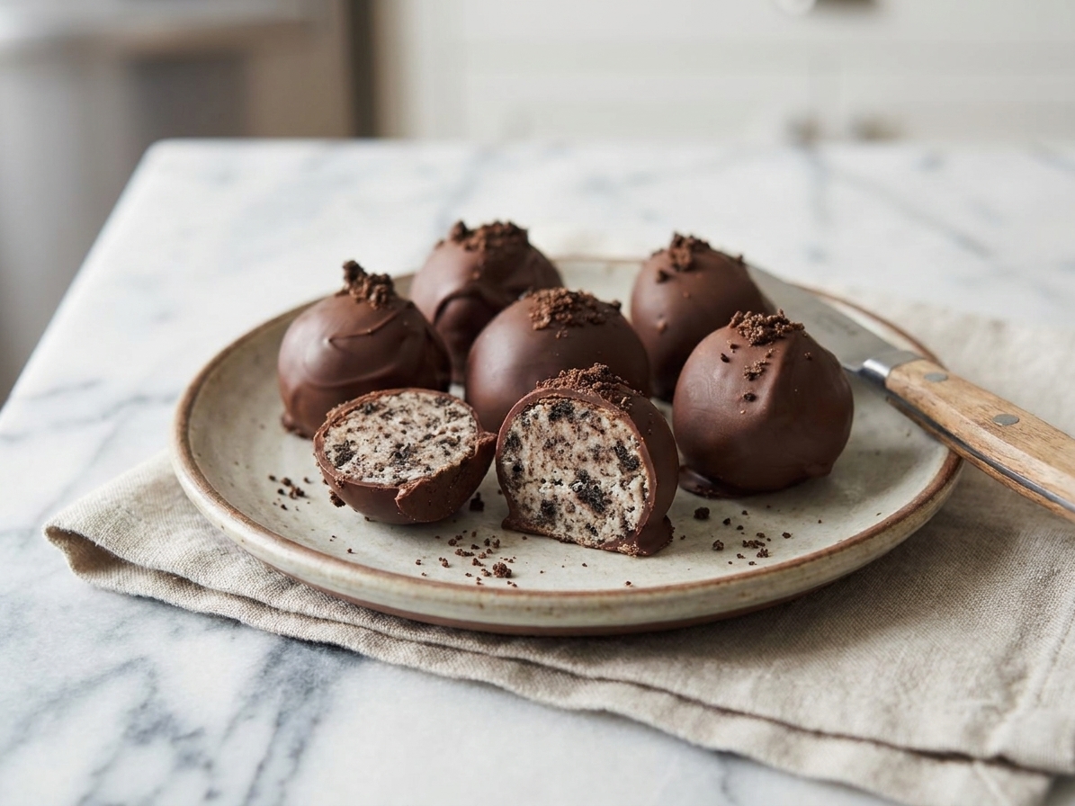 A small serving plate of Oreo truffles with a few cut open to show the creamy cookies-and-cream center on a simple table setting