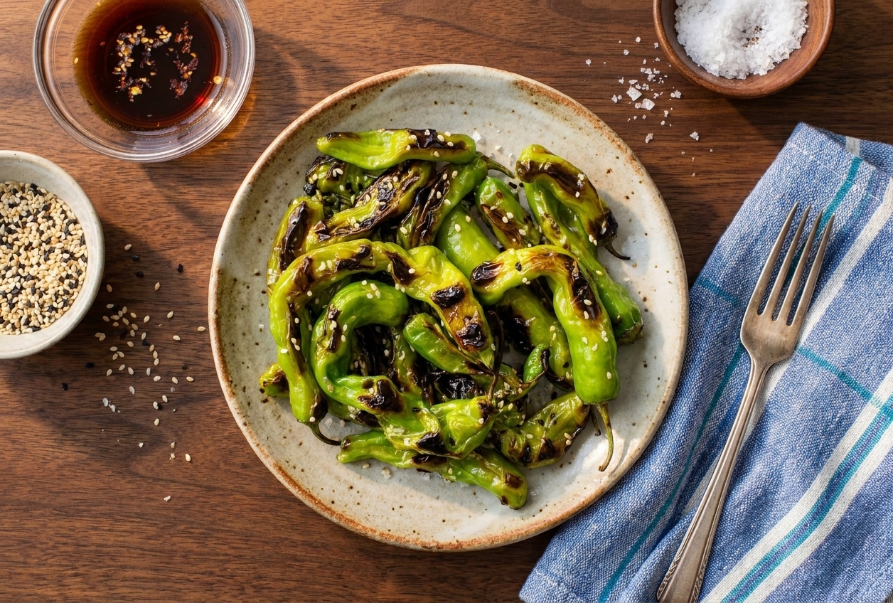 A small serving plate of blistered shishito peppers topped with flaky salt and sesame seeds on a simple table setting with warm lighting