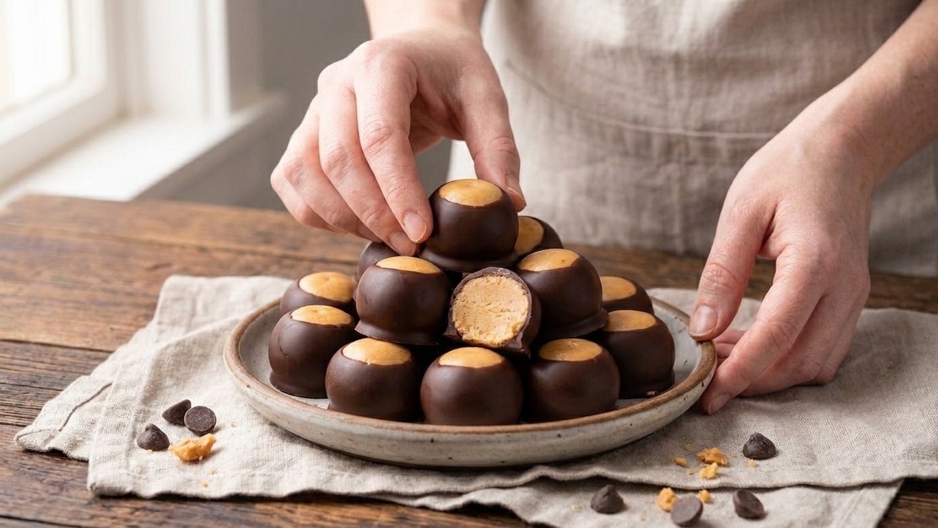 A small serving plate piled with finished buckeye candies, glossy chocolate tops and peanut butter circles visible, set on a simple table setting