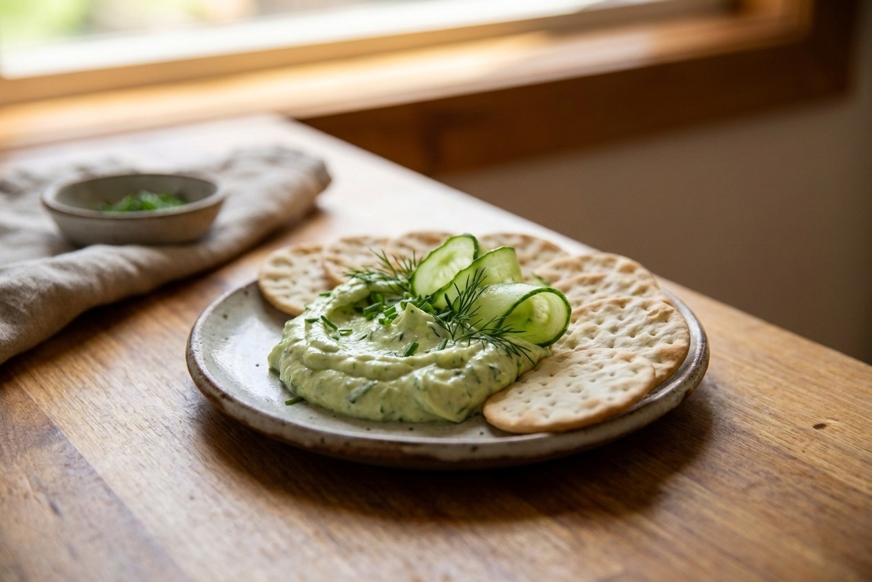 A small serving plate with crackers and a generous scoop of pale green Benedictine spread, garnished with sliced cucumber, on a simple table setting in natural light