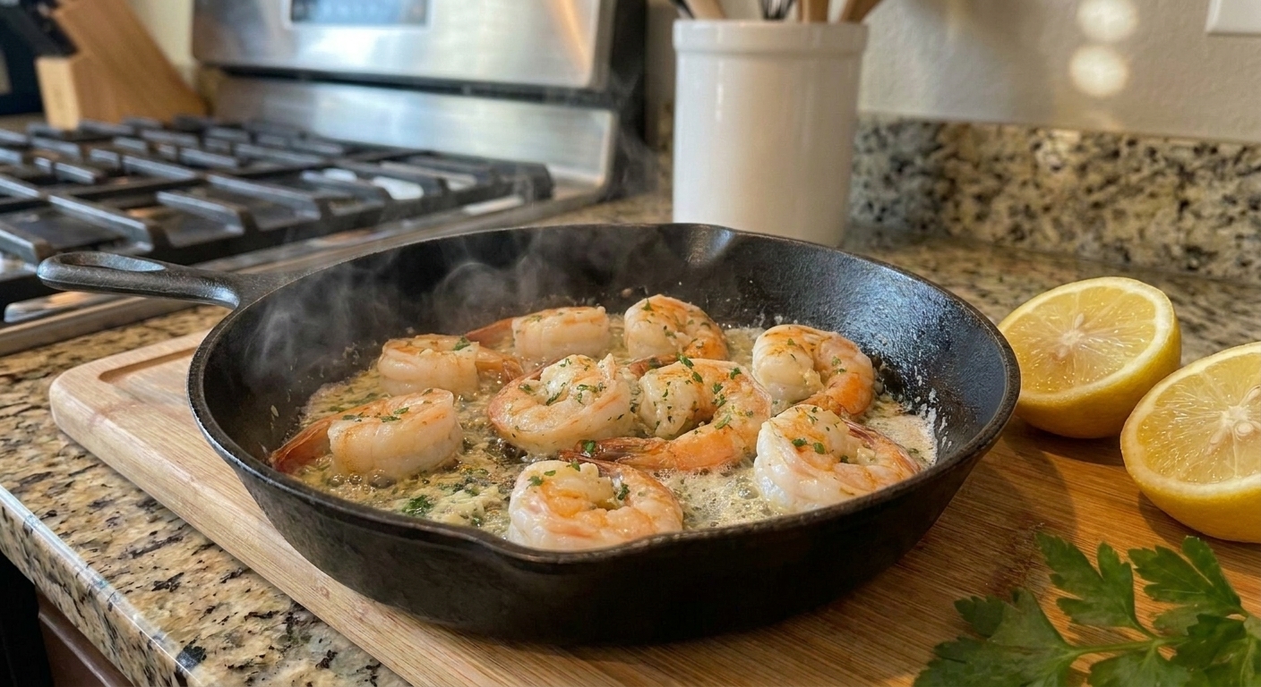 A small skillet of glossy garlic butter shrimp sauce with lemon wedges and parsley on a warm kitchen counter