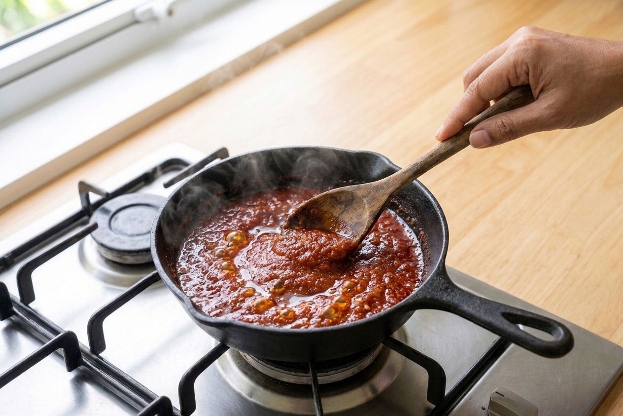 A small skillet on a stove with deep red sambal bubbling as a wooden spoon stirs