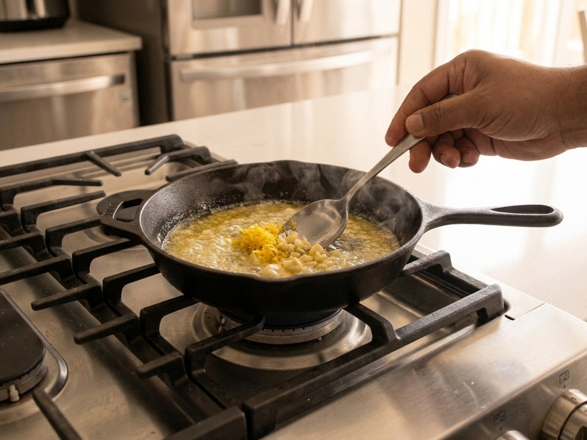 A small skillet on a stove with melted butter, minced garlic, and lemon zest being stirred with a spoon