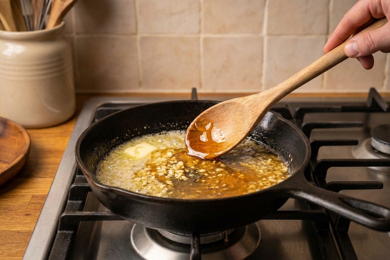 A small skillet on a stove with melted butter, minced garlic, and honey being stirred with a spoon to form a glossy glaze