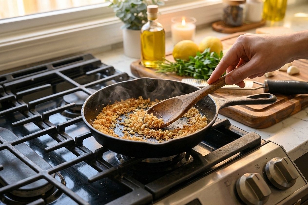 A small skillet on a stovetop with golden toasted breadcrumbs and minced garlic being stirred with a wooden spoon, warm kitchen lighting