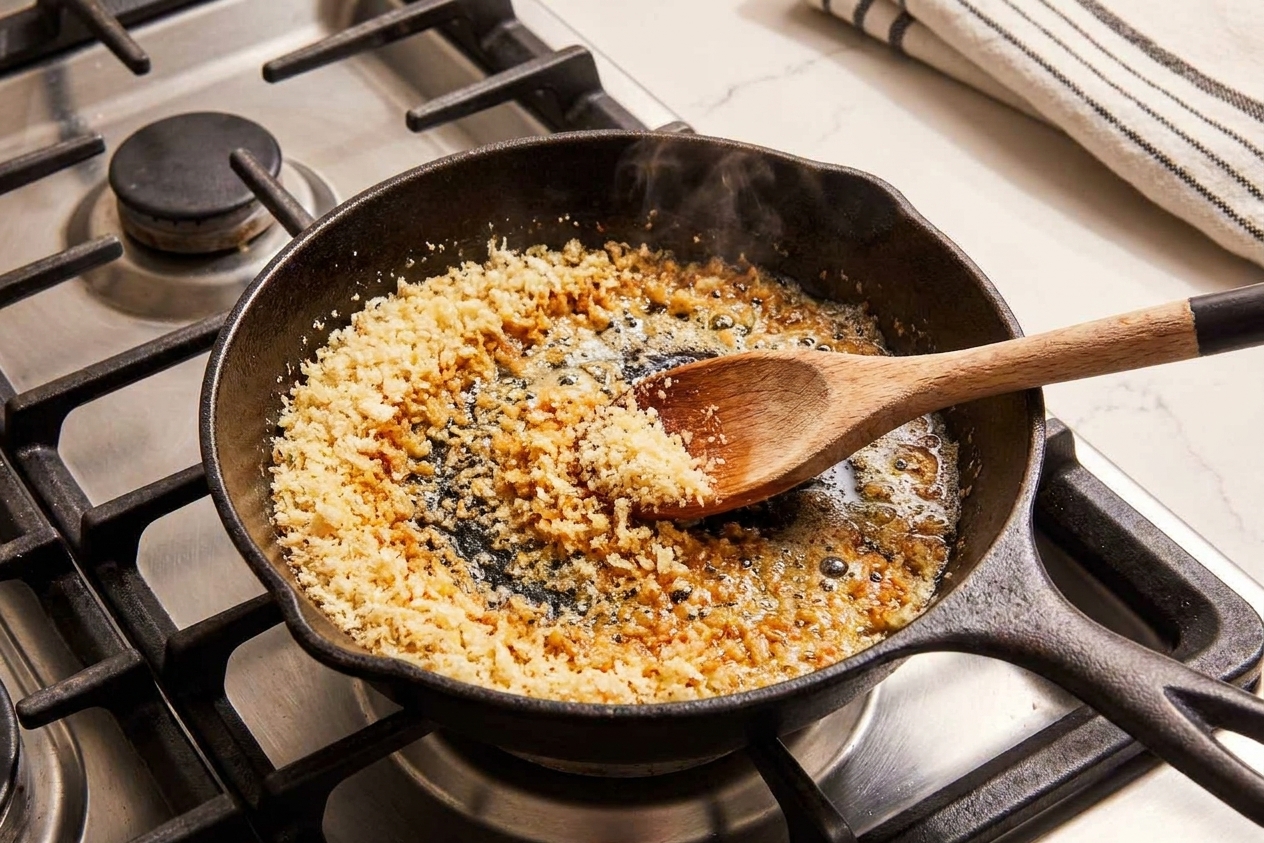 A small skillet on a stovetop with panko breadcrumbs being stirred in melted butter until golden brown