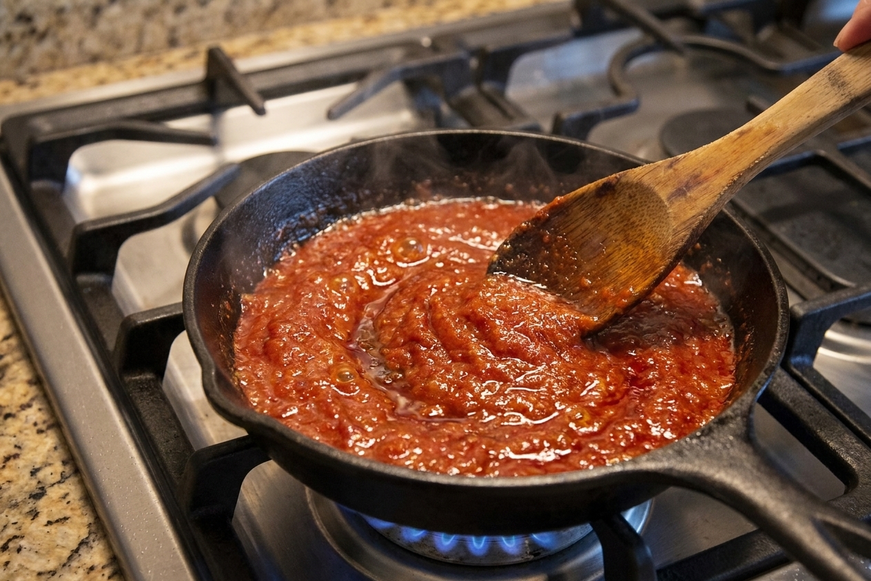 A small skillet on a stovetop with sambal simmering and bubbling, a wooden spoon stirring the glossy red sauce under warm kitchen lighting