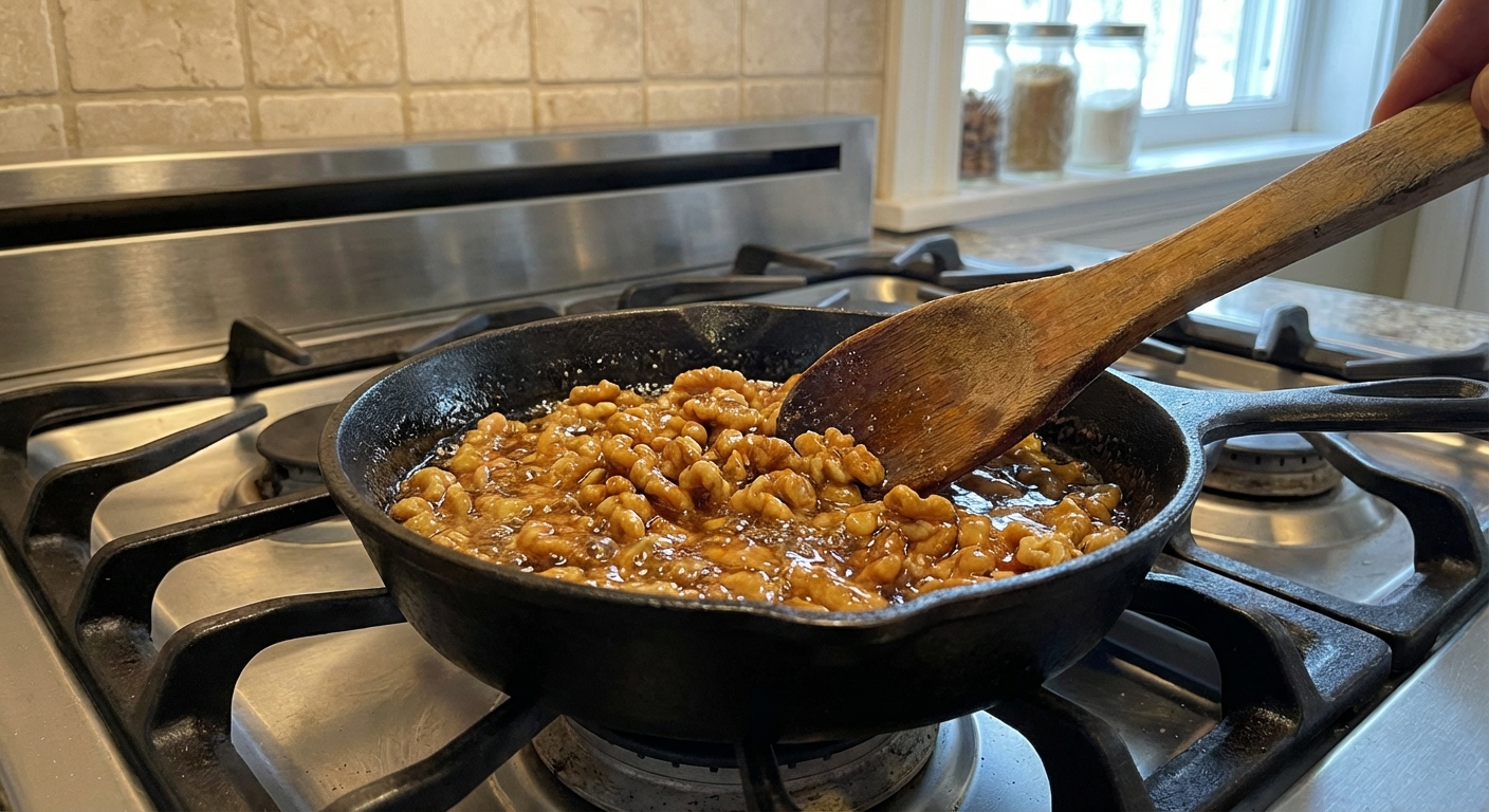 A small skillet on a stovetop with walnuts simmering in a glossy sugar syrup, a wooden spoon stirring as the nuts turn shiny and caramelized, photorealistic kitchen scene