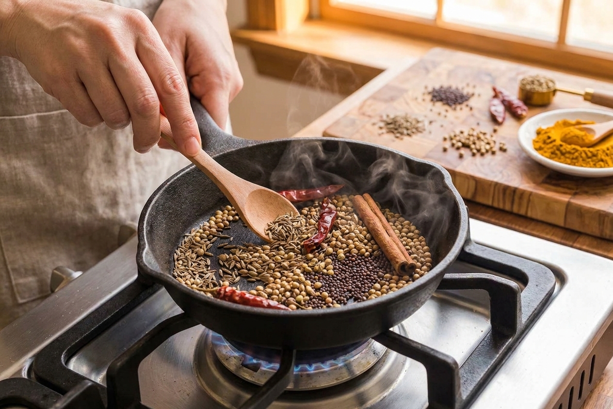 A small skillet on a stovetop with whole spices being stirred with a wooden spoon, releasing aroma in a home kitchen