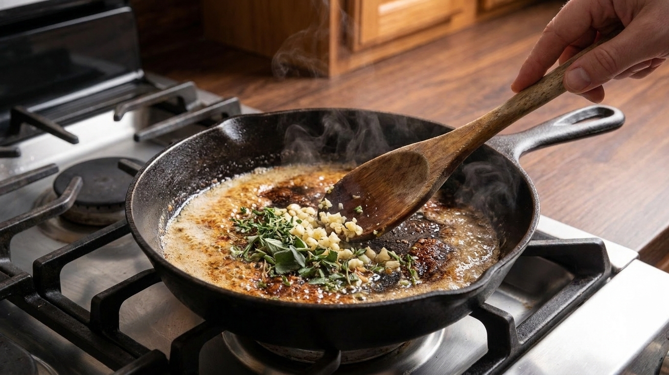 A small skillet on the stove with browned butter and toasted milk solids, a wooden spoon stirring in minced garlic and herbs