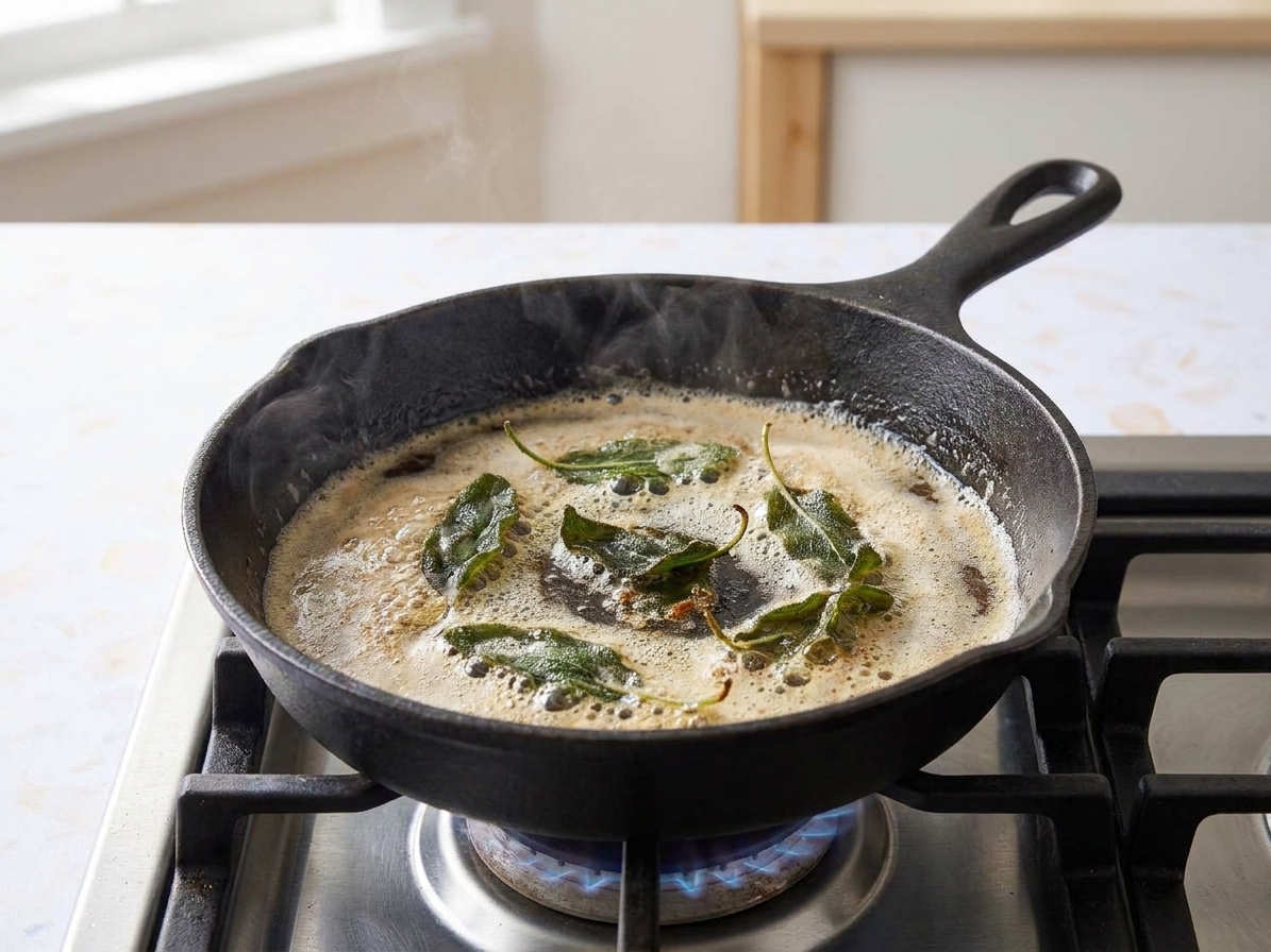 A small skillet with foaming brown butter and crisping sage leaves on a stovetop burner