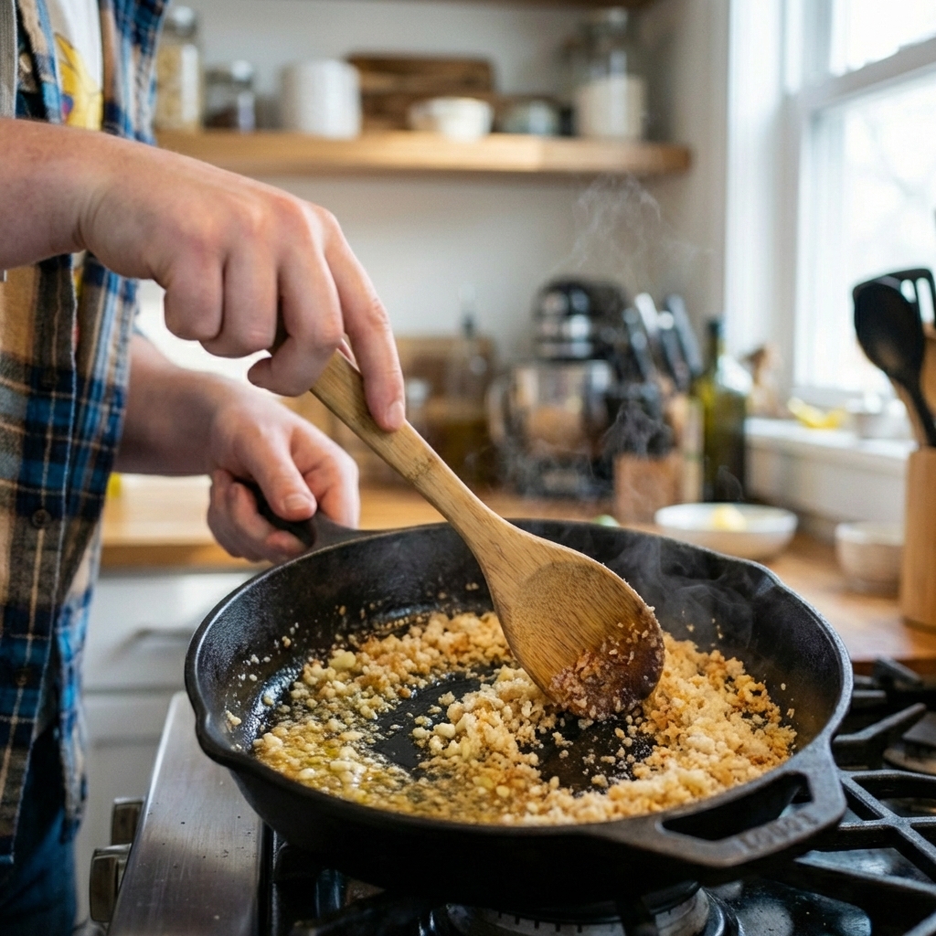 A small skillet with garlic breadcrumbs toasting in olive oil as a wooden spoon stirs