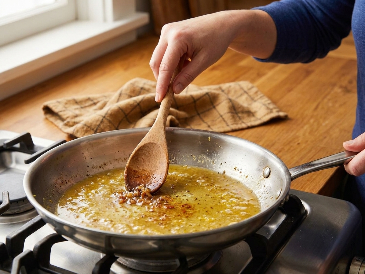 A small skillet with glossy lemon pan sauce simmering while a wooden spoon scrapes browned bits from the bottom