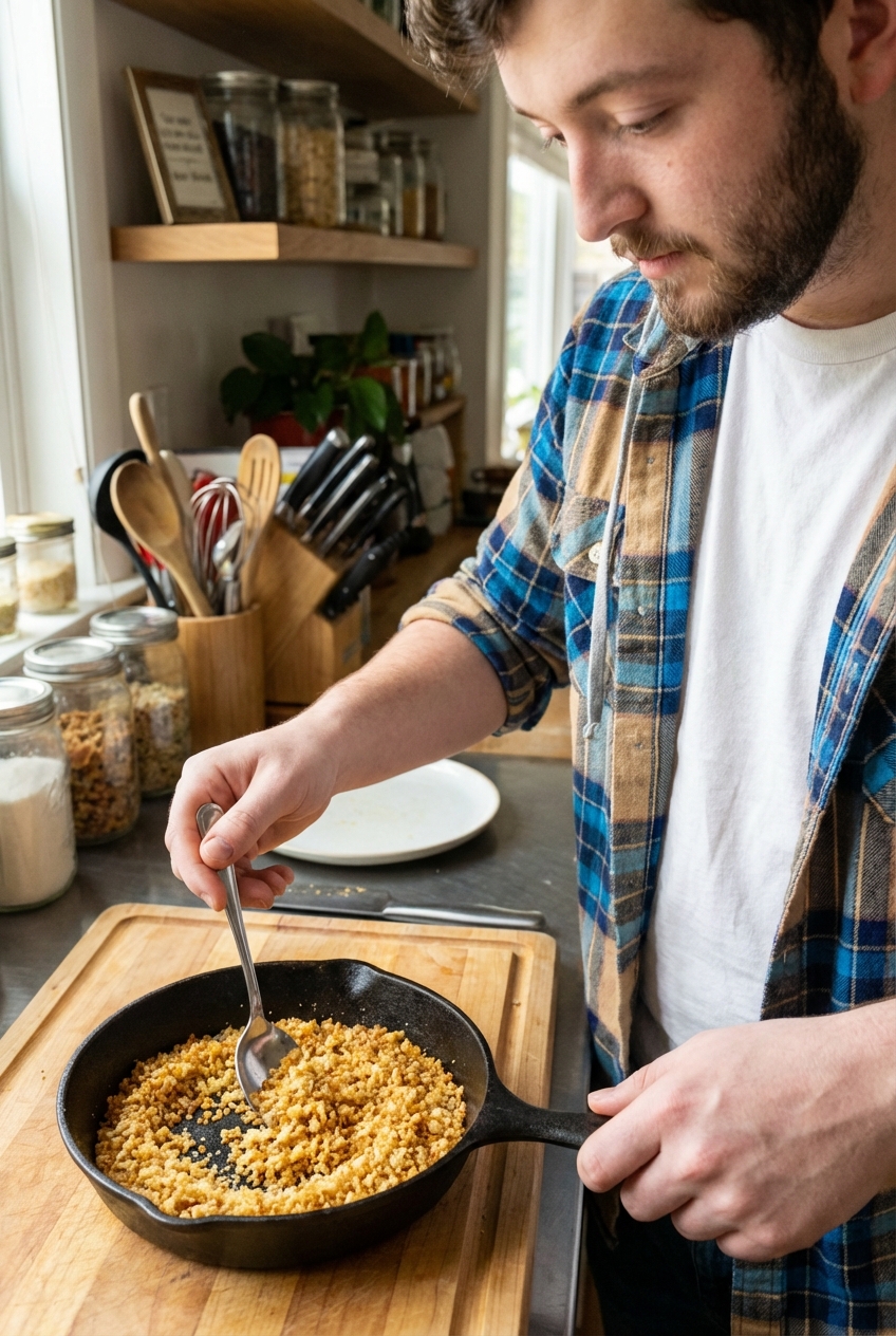 A small skillet with golden toasted garlic breadcrumbs being stirred with a spoon
