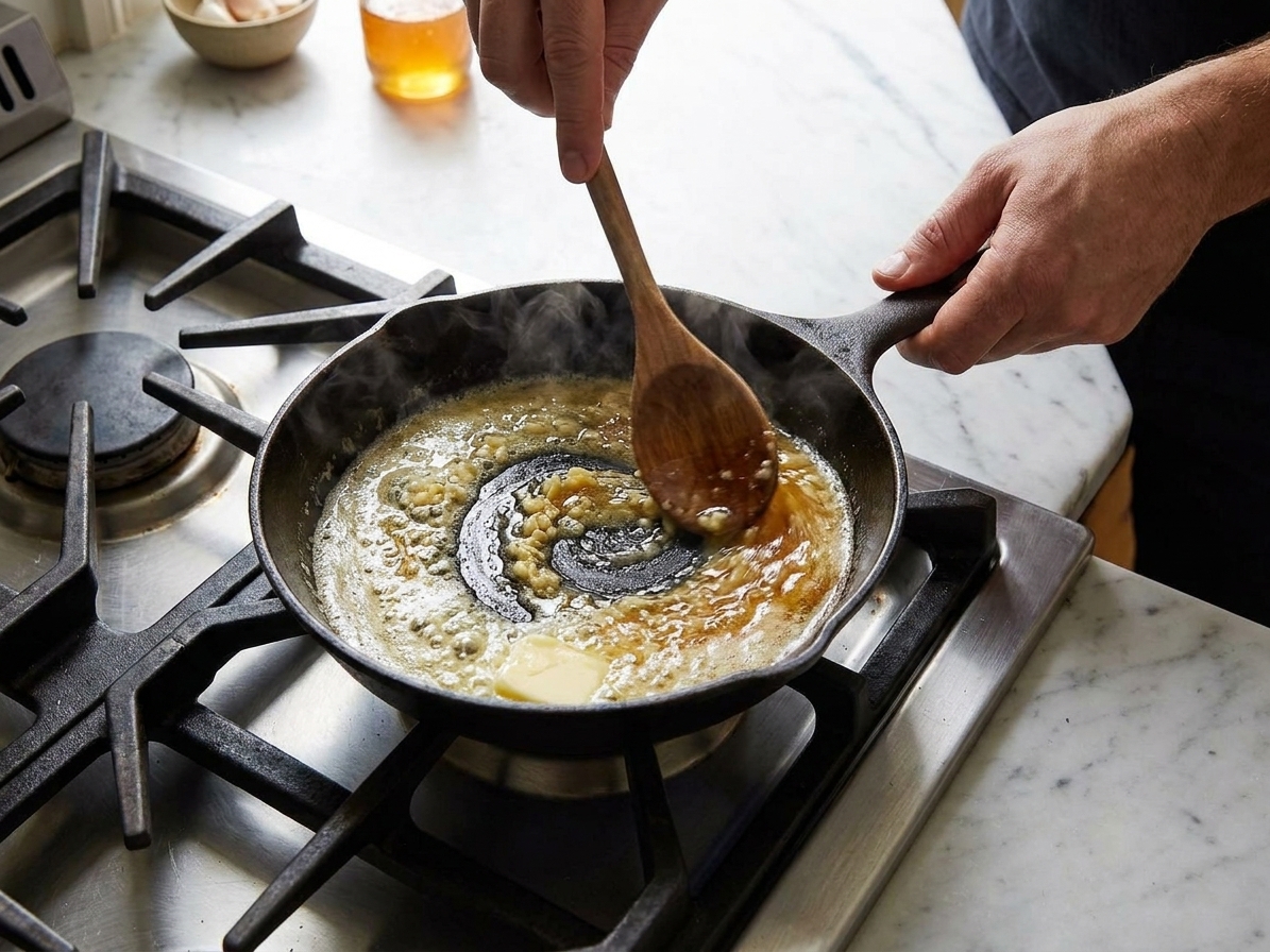 A small skillet with melted butter, honey, and minced garlic being stirred with a spoon on a stovetop