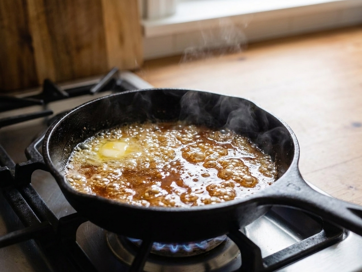 A small skillet with melted butter, maple syrup, and vinegar bubbling gently into a glossy sauce