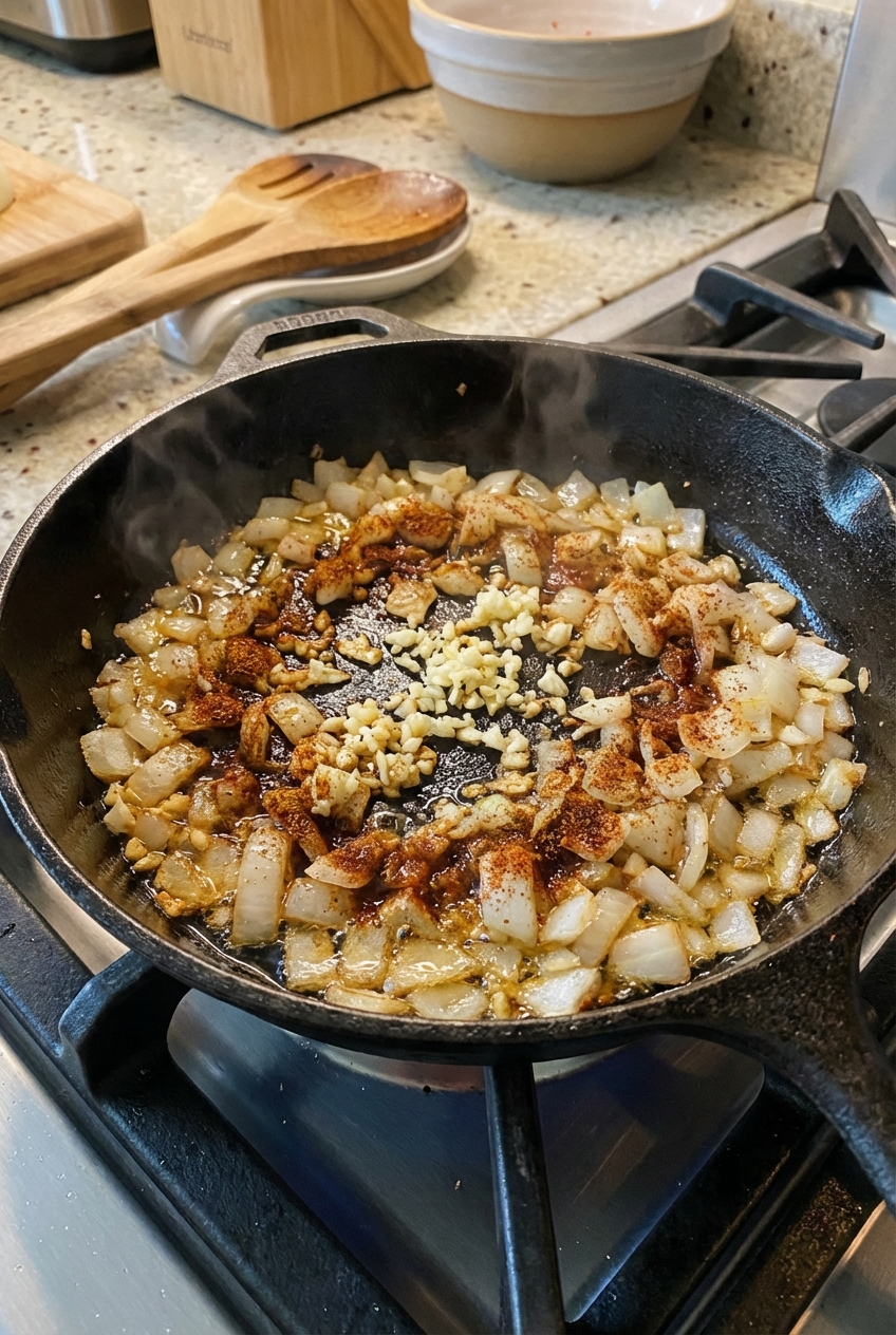 A small skillet with onions and garlic sautéing in oil with cumin and chili powder