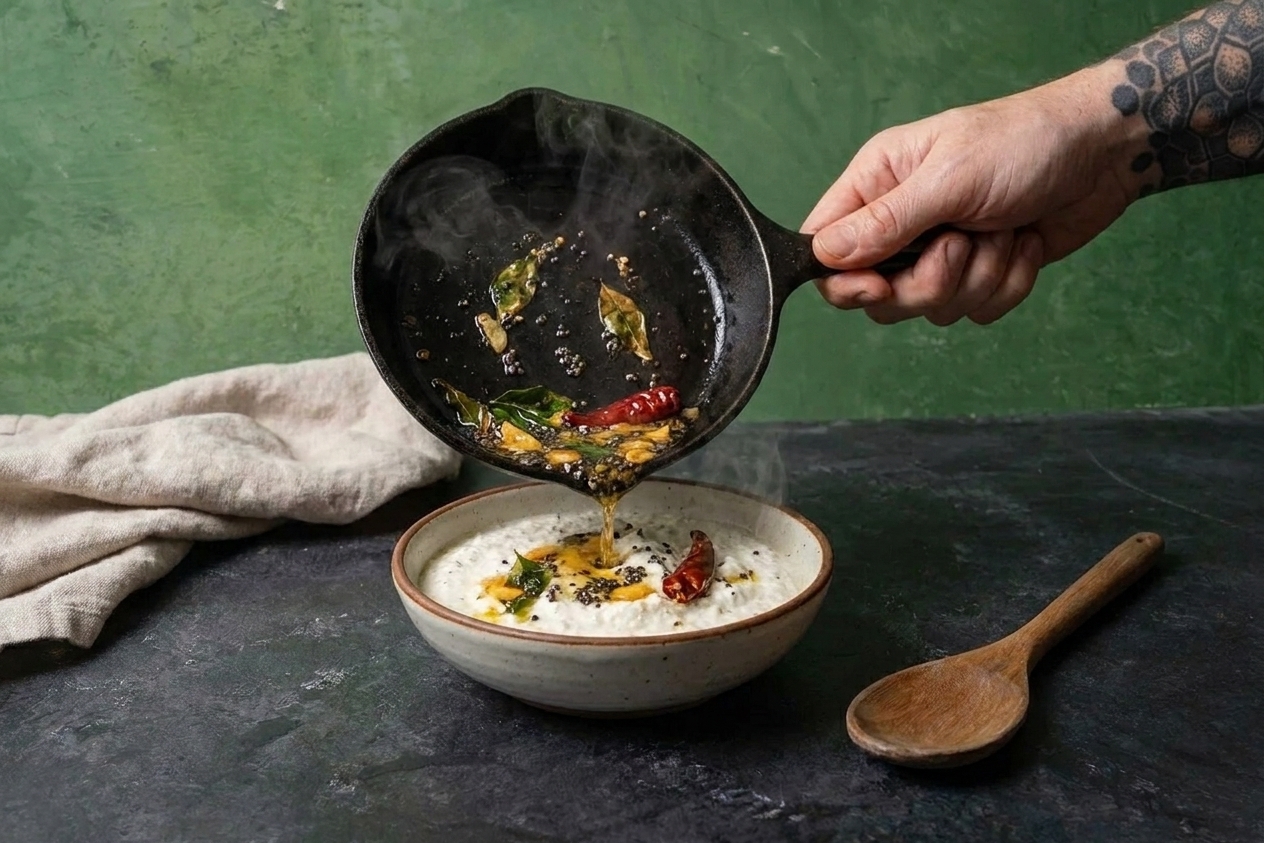 A small skillet with popping mustard seeds and curry leaves being poured over a bowl of coconut chutney