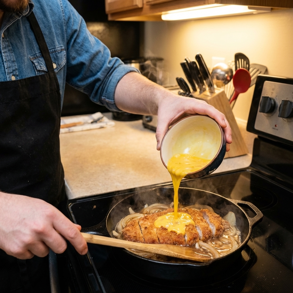 A small skillet with sliced fried cutlet and onions in simmering dashi broth as beaten egg is poured in, close-up cooking action photo