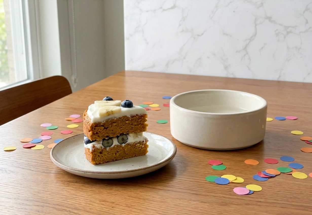 A small slice of frosted dog birthday cake on a plate beside a dog bowl on a dining table in natural light