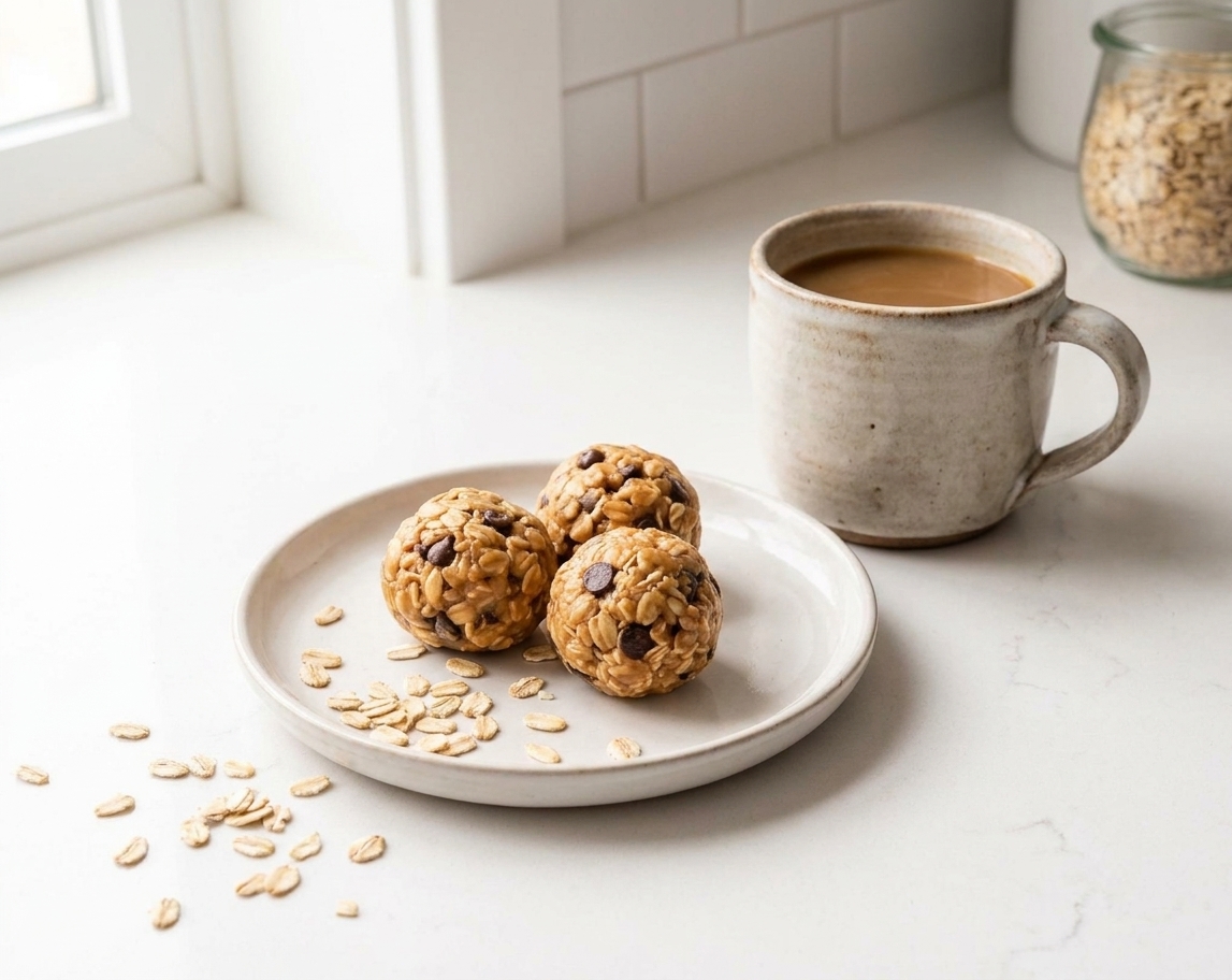 A small snack plate with three protein balls, a few oats scattered nearby, and a mug of coffee on a kitchen table
