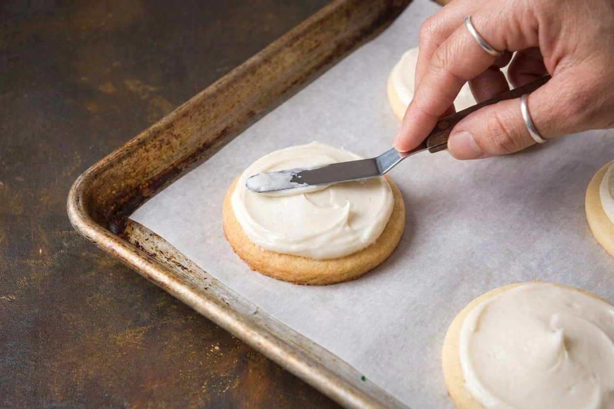 A small spatula spreading vanilla frosting onto a cooled cutout sugar cookie on parchment paper