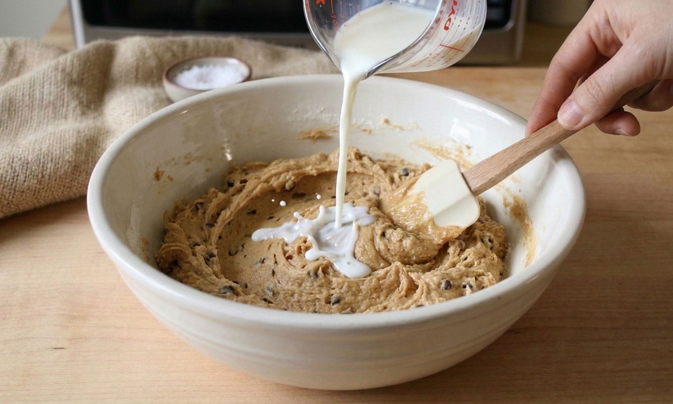 A small splash of milk being added to a bowl of thick cookie dough mixture while it is stirred with a spatula