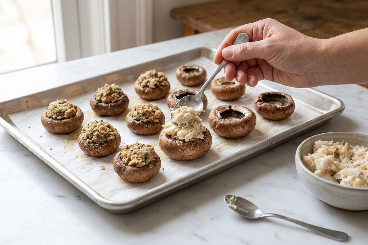 A small spoon mounding creamy crab filling into mushroom caps on a parchment-lined baking sheet in a home kitchen