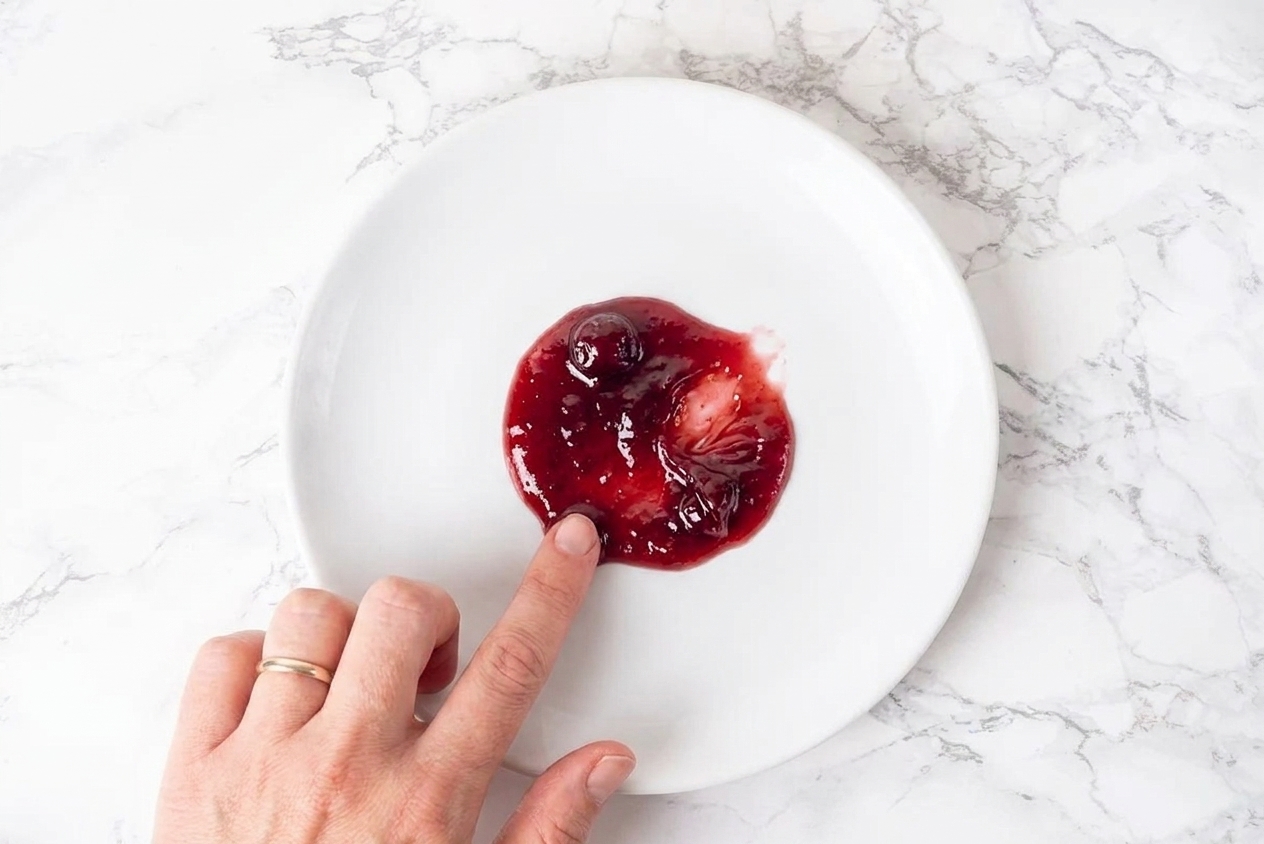 A small spoonful of cherry jam on a chilled white plate being pushed gently with a fingertip to check if it wrinkles