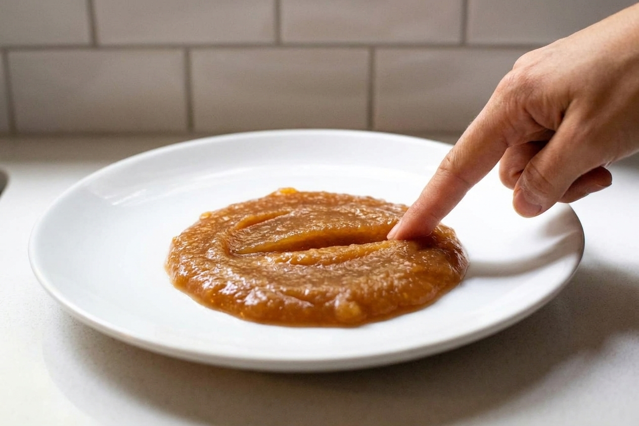 A small spoonful of thick apple butter on a white plate with a finger-drawn line through it showing the butter holds its shape