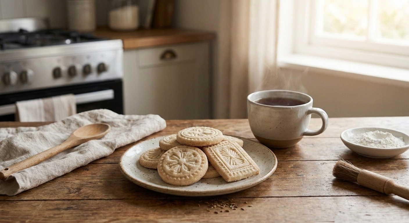 A small stack of Springerle cookies on a ceramic plate next to a mug of tea on a cozy kitchen table