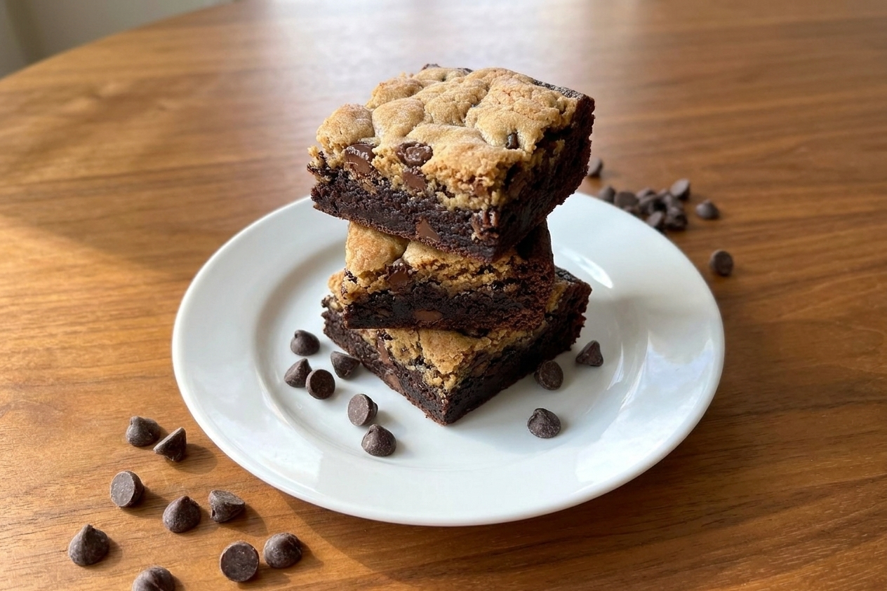 A small stack of brookie bars on a white plate with chocolate chips scattered nearby on a wooden table