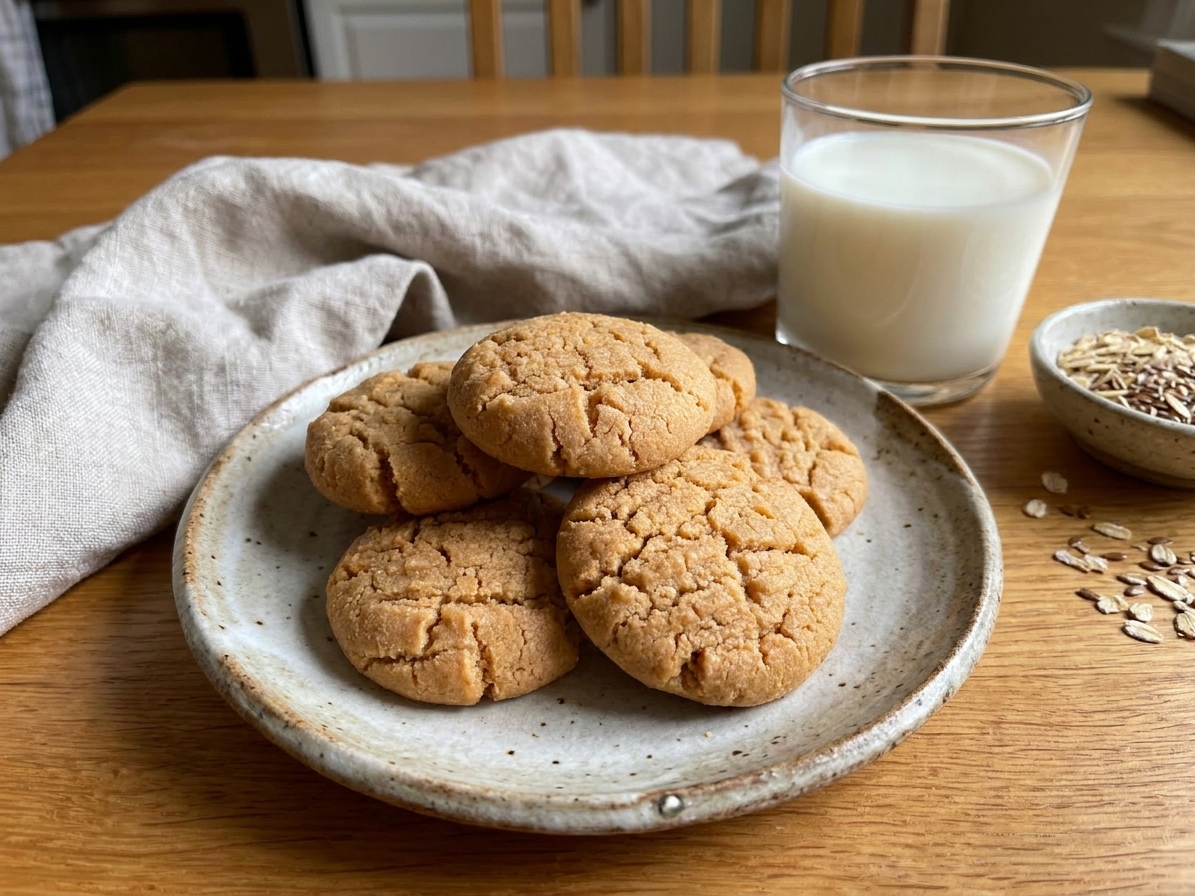A small stack of chewy lactation cookies on a ceramic plate on a kitchen table with a glass of milk nearby