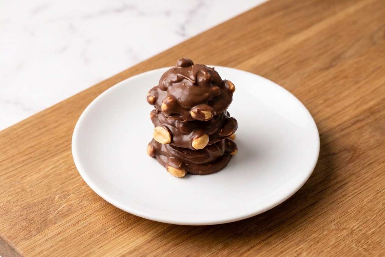 A small stack of chocolate peanut clusters on a simple dessert plate on a kitchen table