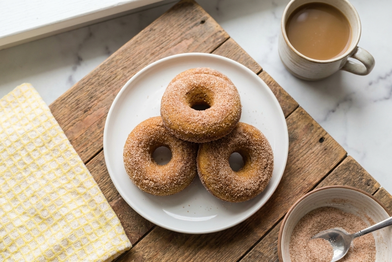 A small stack of cinnamon sugar baked donuts on a white plate set on a wooden table with a mug nearby