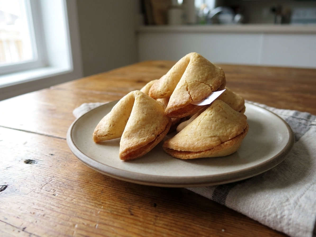 A small stack of golden homemade fortune cookies on a ceramic plate on a warm kitchen table, soft window light