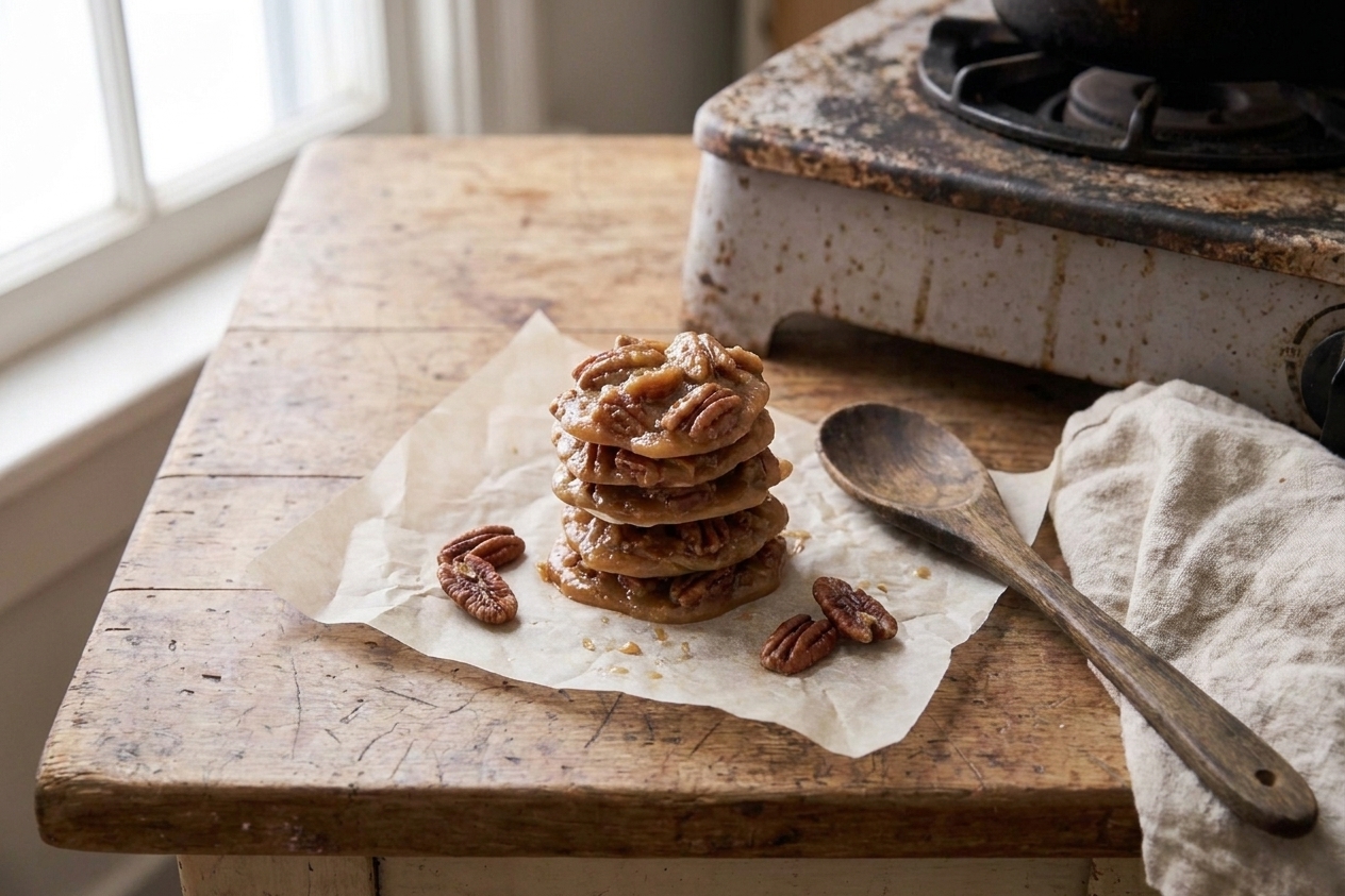A small stack of golden pecan pralines cooling on parchment paper on a warm-toned kitchen counter, with a few loose toasted pecans nearby