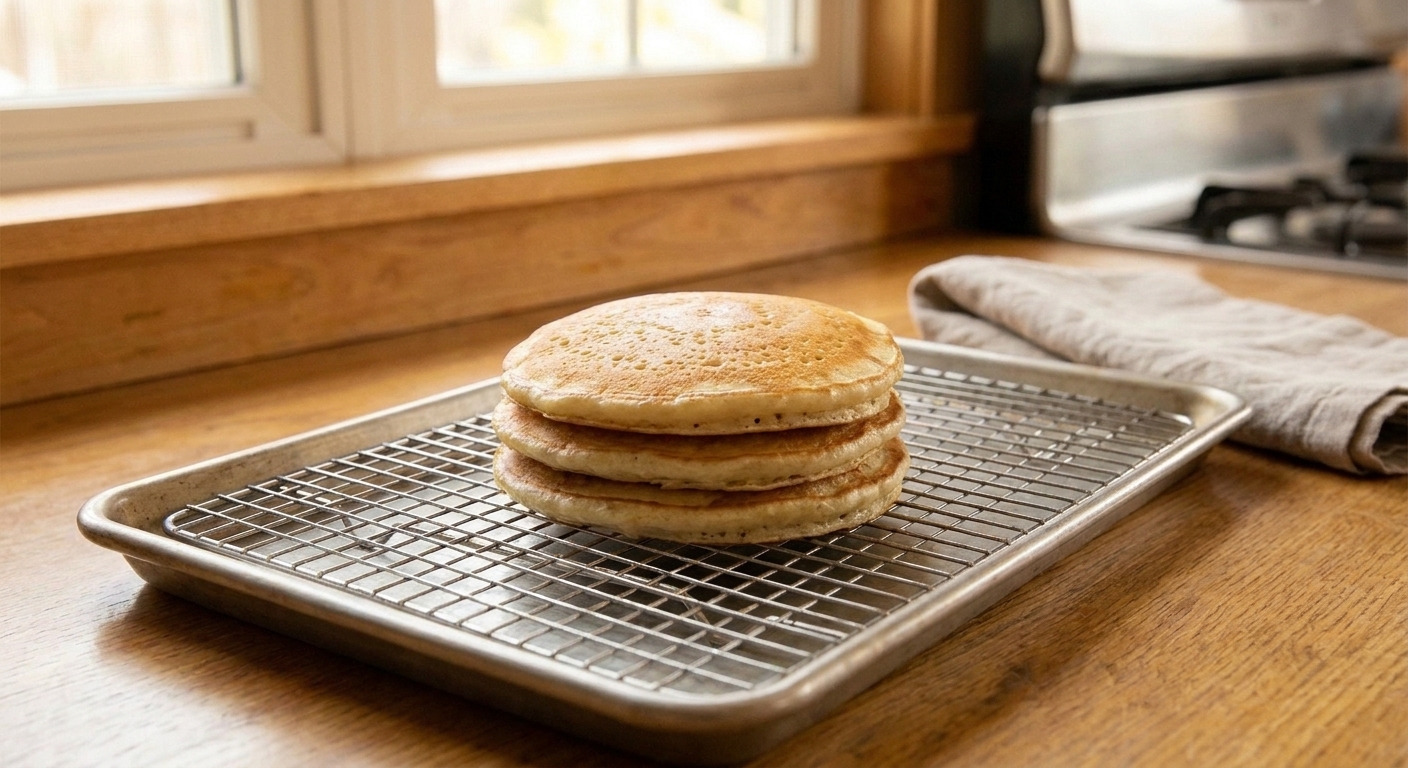 A small stack of pancakes cooling on a wire rack over a baking sheet on a kitchen counter