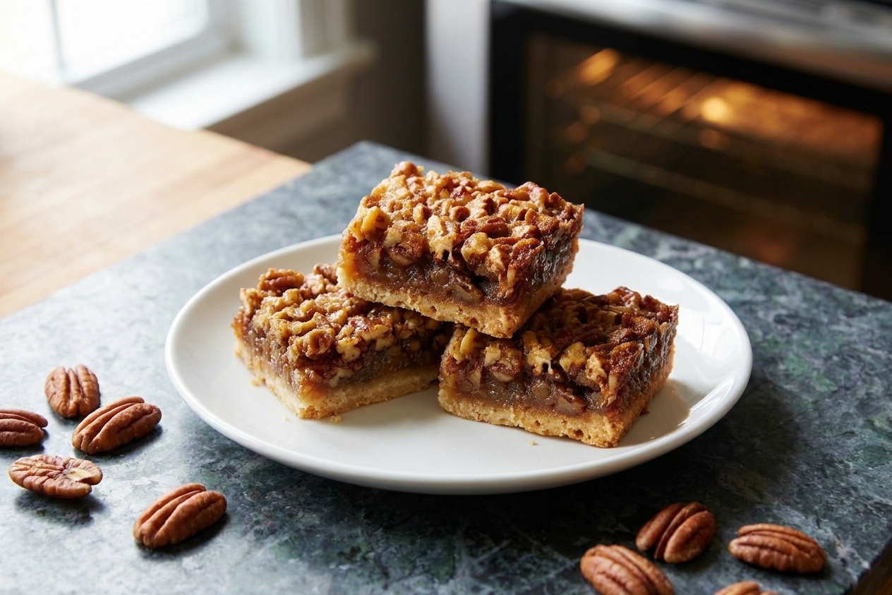 A small stack of pecan pie bars on a white plate with a few pecans scattered nearby on the table.