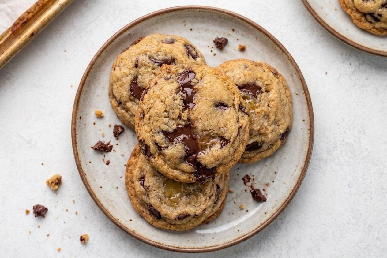 A small stack of warm chocolate chip cookies on a plate on a kitchen table with a few crumbs scattered nearby