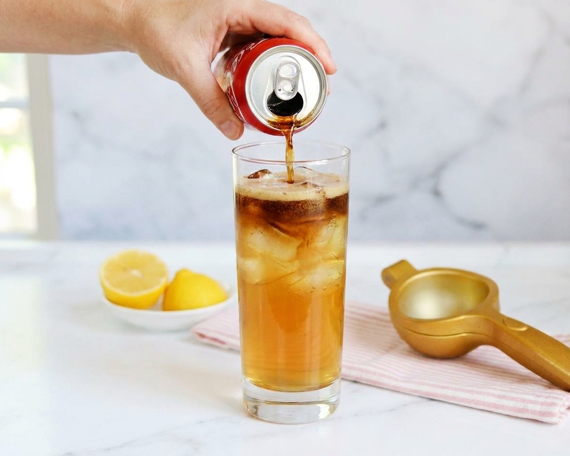 A small stream of cola being poured into a highball glass cocktail, creating a darker layer at the top over ice