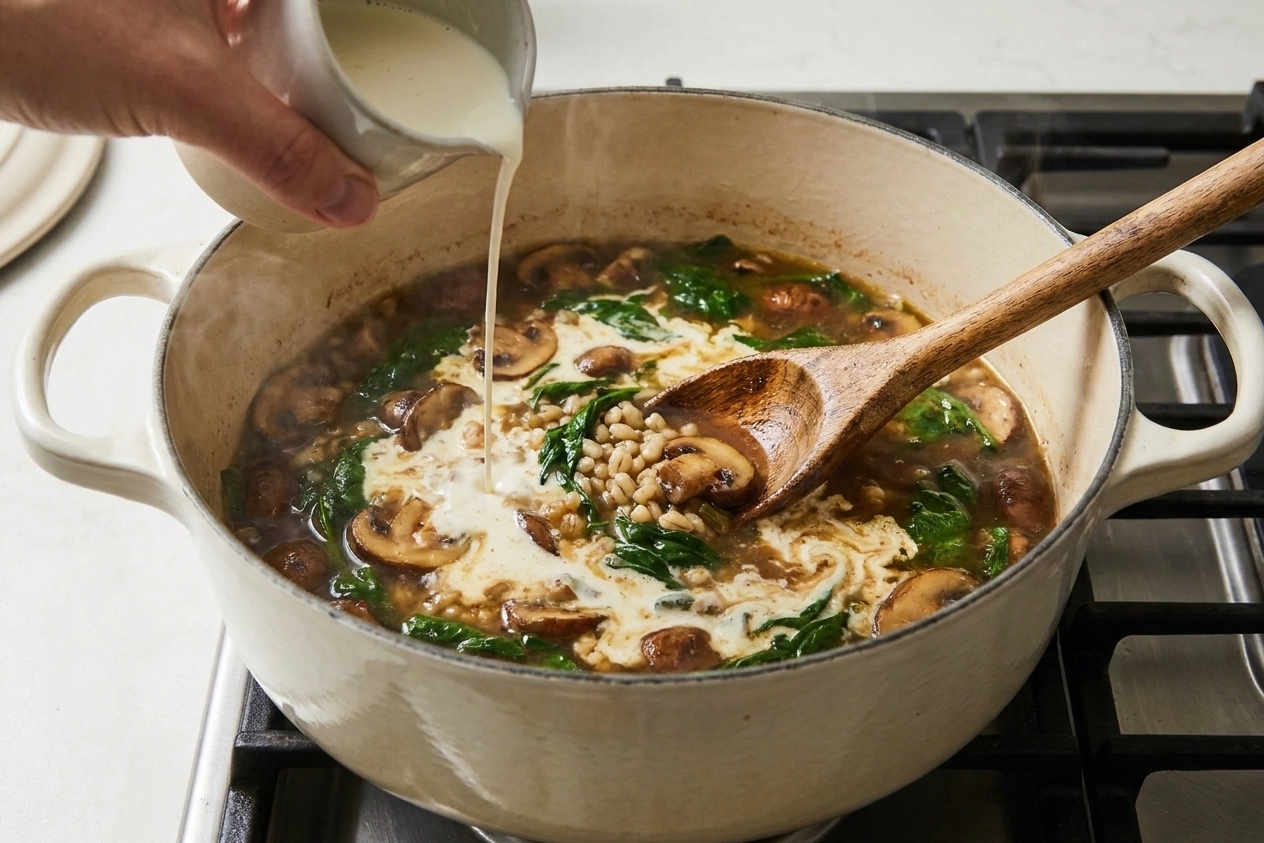 A small stream of cream being poured into a pot of mushroom barley soup while being stirred, creating pale swirls in the broth