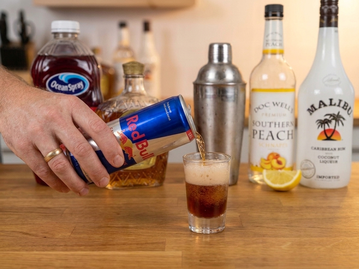 A small stream of energy drink being poured gently into a shot glass to create a fizzy float on top