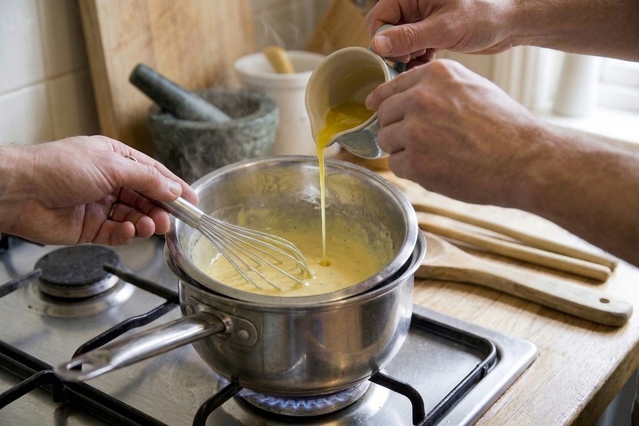 A small stream of warm melted butter being poured into a bowl of thickening egg yolk mixture while a whisk is held in the other hand