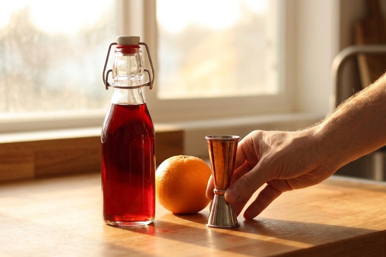 A small swing-top bottle filled with a deep red Boulevardier batch mix on a kitchen counter next to a jigger and an orange