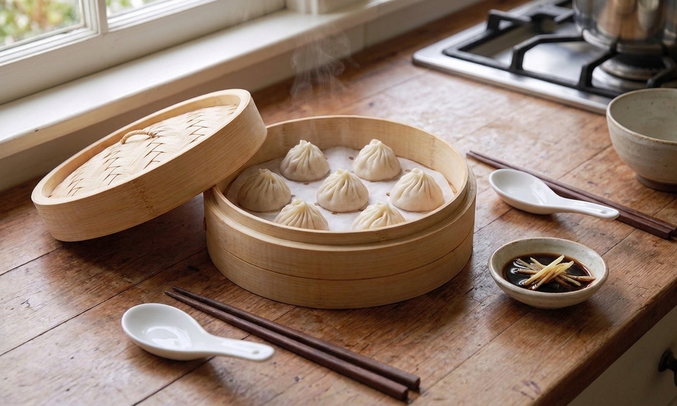 A small table setting with a bamboo steamer of siu long bao, a dish of black vinegar with ginger, chopsticks, and soup spoons ready to serve