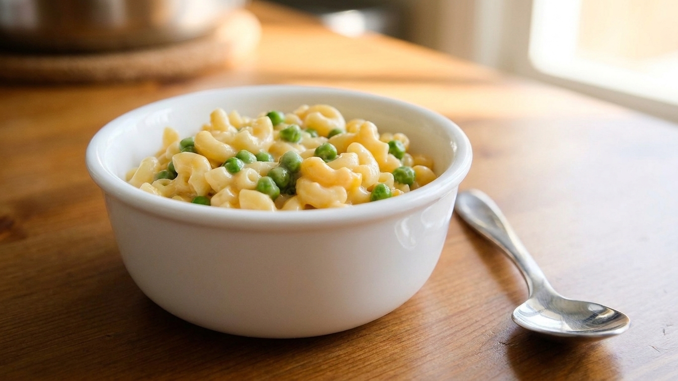 A small toddler-sized bowl of creamy macaroni and peas on a wooden table with a toddler spoon beside it, soft natural light